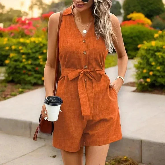🆕️Sleeveless Belted Button-Front Summer Romper | Rust Linen-Look | Size XL (12) - Picture 7 of 9